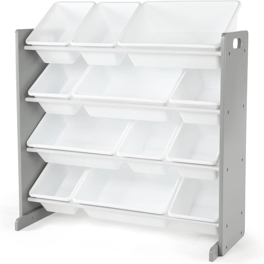 Kids Toy Storage Organizer with 12 Plastic Bins, Grey/White – Removable Bins for